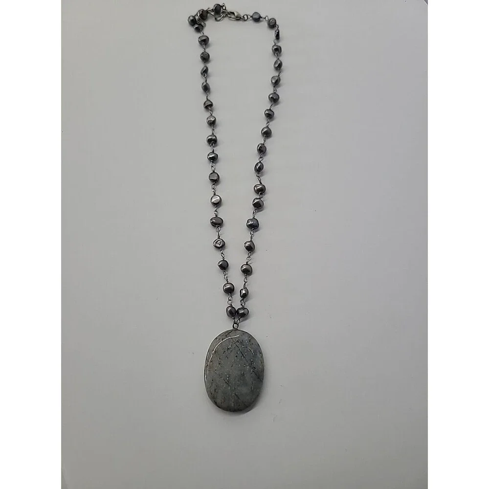 Vintage Silver Tone Beaded Necklace Gray Oval Natural Stone Pendant Boho Artisan - Picture 9 of 11